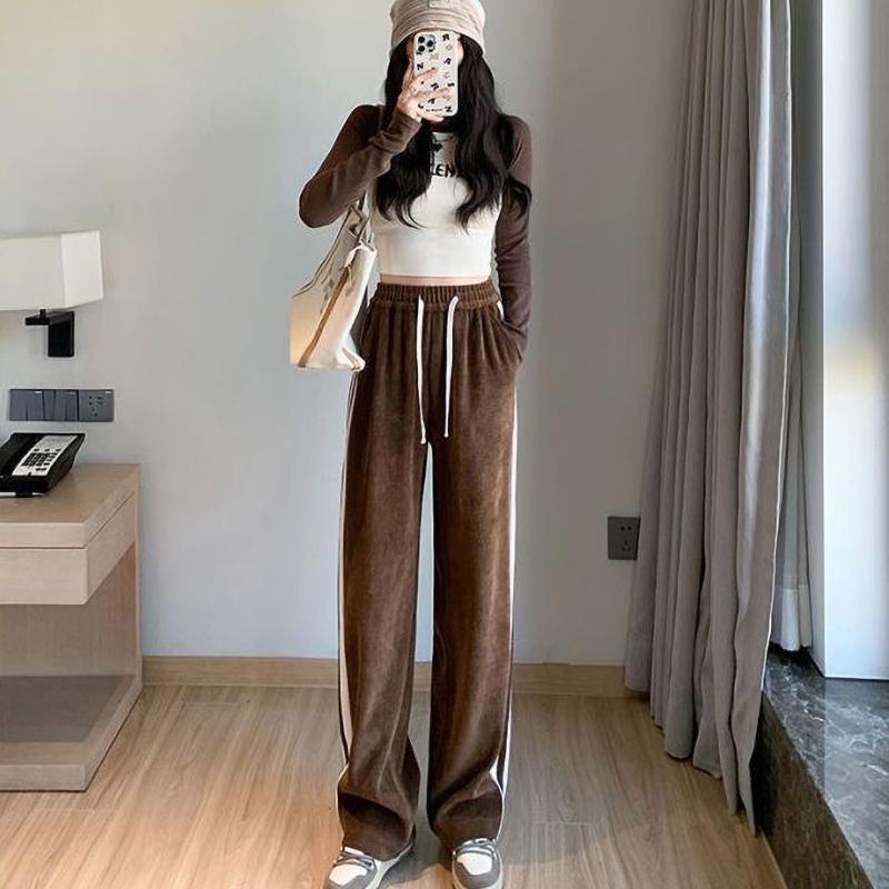 Dámské podzimní zimní volné ležérní kalhoty s vysokým pasem a širokými nohavicemi, podšité fleecem, rovného střihu, dlouhé