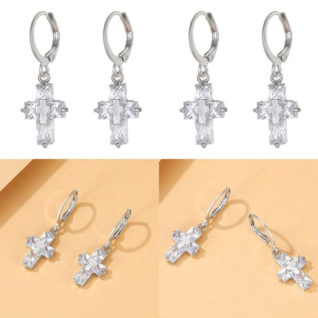 Cross Stylish Silver Earrings With Sparkling Crystals Trendy And Minimalist Design Women For