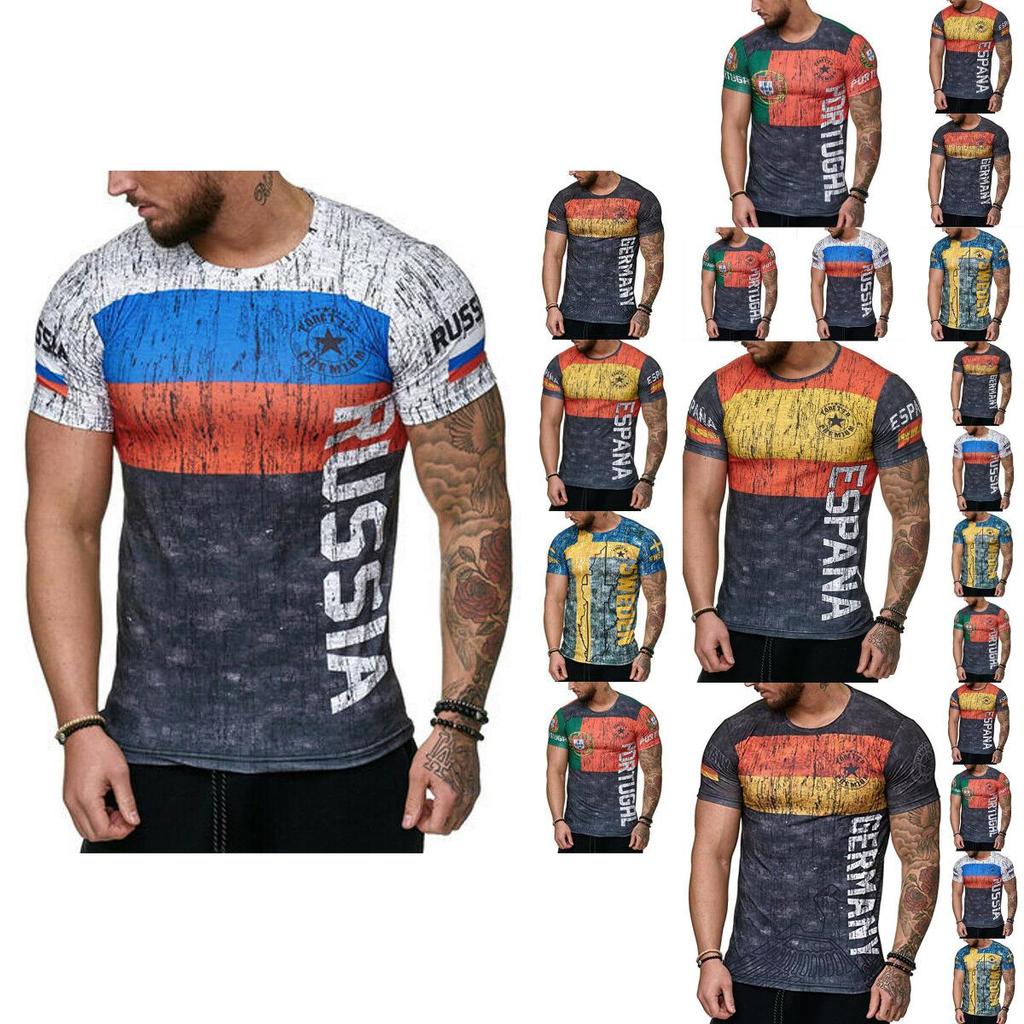 Men's Letter Print Gym T-shirt With Germany Sweden Portugal Russia Design Slim Fit