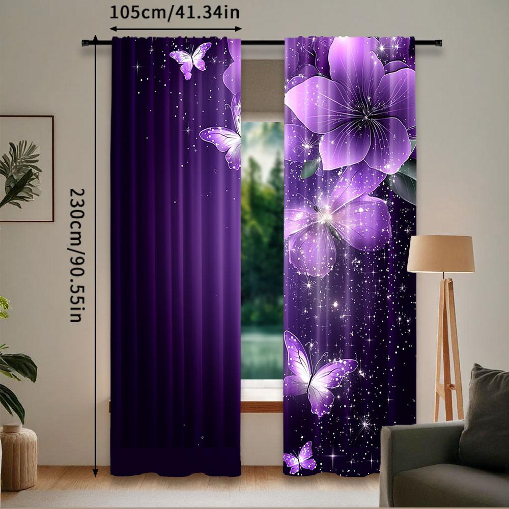 2Pcs Purple Vibrant Dancing Butterflies And Flowers Printed Curtain Suitable For Bedroom Bathroom Living Room Dining Room Study