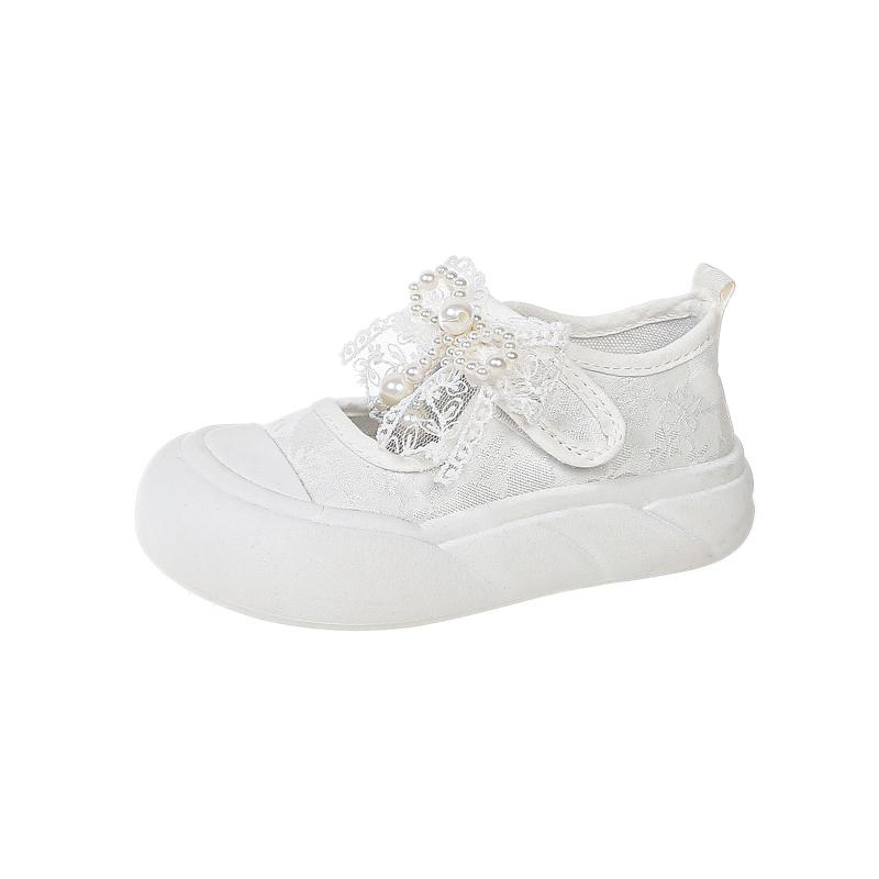 Spring Breathable Children Casual Canvas Shoes for Girls with Lace Bowtie Soft Sole Anti-slippery Toddler School Shoes White