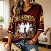 Women's Casual V-Neck T-Shirt with Halloween Print Short Sleeve Top