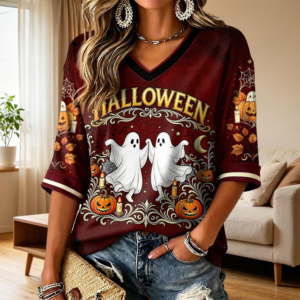 Women's Casual V-Neck T-Shirt with Halloween Print Short Sleeve Top