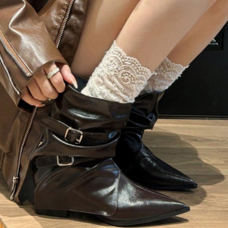 Vintage Pointed Toe Women Ankle Boots Fashion Rivet Slip On Shoes Female Thick Heel Western Cowboy Booties De