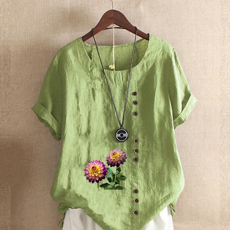 

Женская мода с цветочным принтом, круглым вырезом и коротким рукавом, повседневная хлопково-льняная рубашка с рисунком, свободная летняя блузка для отдыха, топы 5XL зелёный