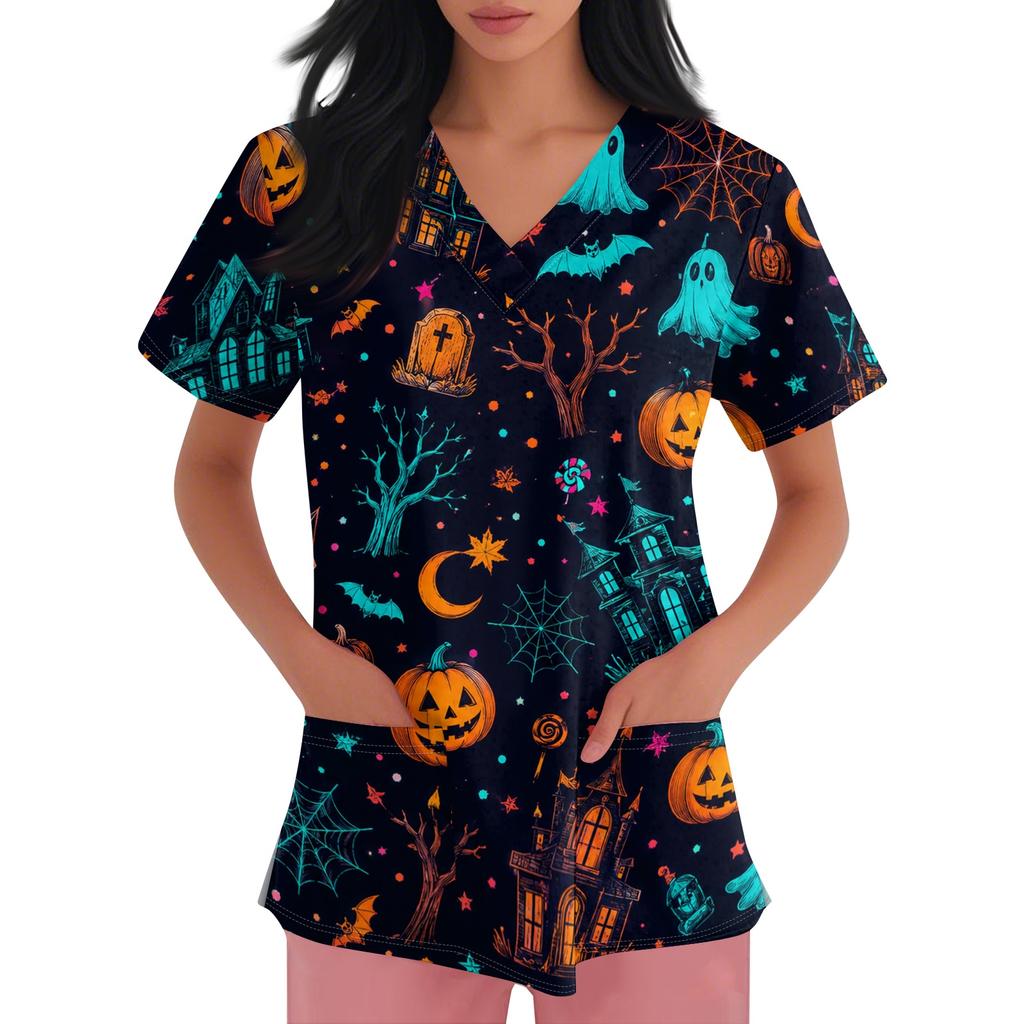 Women Short Sleeve Halloween Print V Neck Pocket Medical Scrub Top Nurse Uniform Shirt Comfortable Fit Durable Fabric