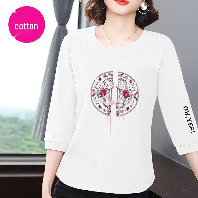 Women's 2025 Summer Korean Style Cotton Seven-Sleeve Tee - Slimming, Loose, Belly-Covering, Versatile Casual Top