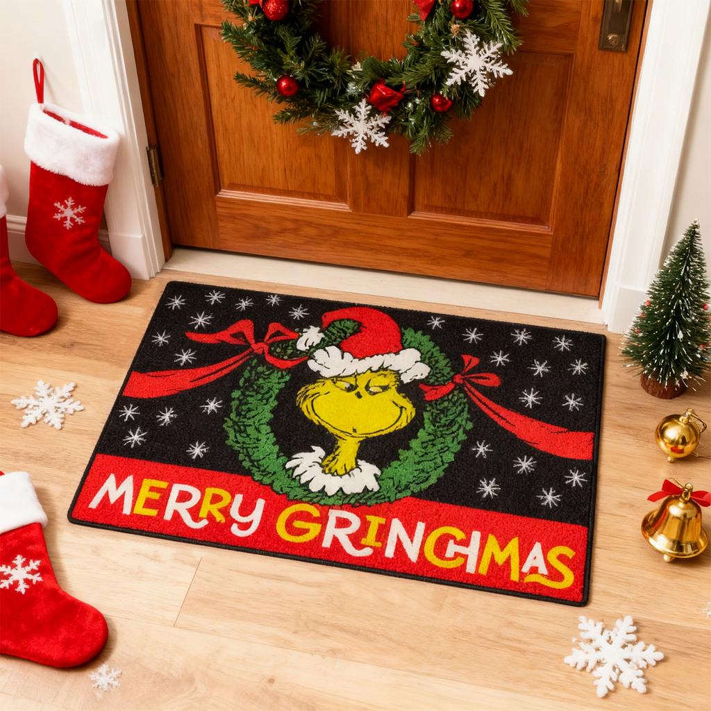 Christmas Cartoon Character Decorative Front Door Mat, Green Xmas Welcome Doormat Indoor Outdoor Non- Floor Entryway Rug, Funny Winter Holiday Home K