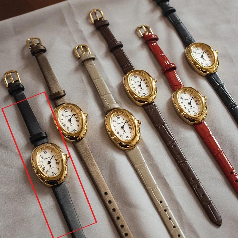 Women's Vintage Oval Goose Egg Quartz Watch Waterproof Real Leather Dress Ladies' Watch Christmas Gift Clock Montres Pour Femmes