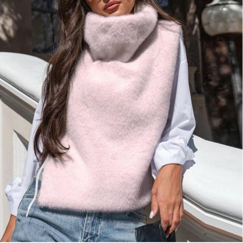 Vestă elegantă, caldă de iarnă, pentru femei, mărimea S, din blană artificială de nurcă, cu gât înalt, fără mâneci