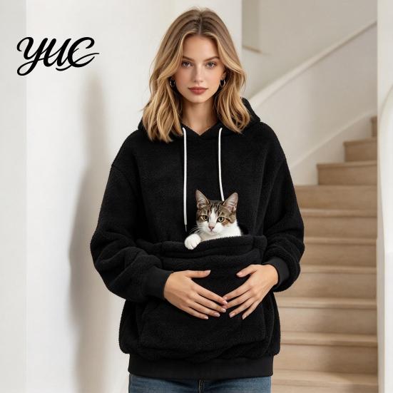 Casual Pet Lover Clothing Winter Pouch Hoodie, Women Fleece Sweatshirt with Large Front Pocket, Cat Long Sleeve Pullover Tops for Carrying Cats