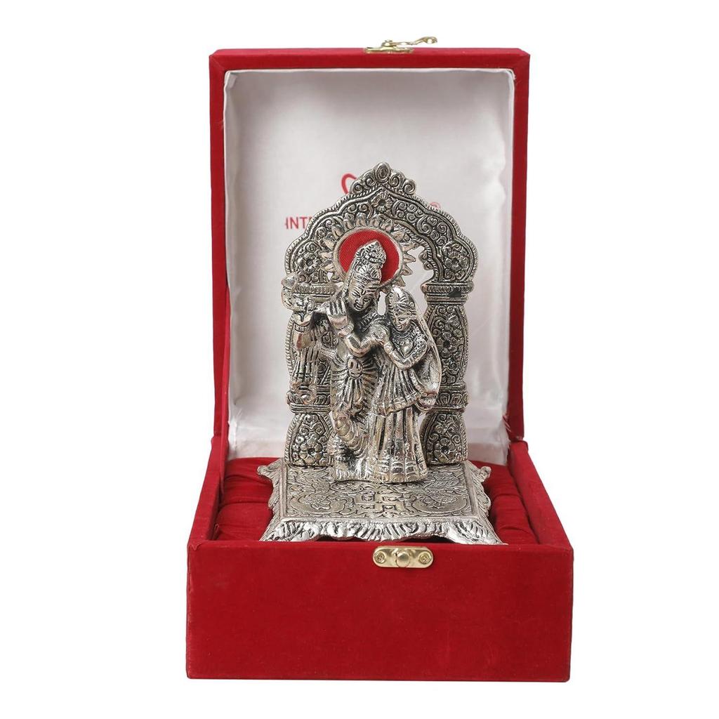 Silver Radha Krishna Chowki | Roli Tika Chawal | 2 Piece Rakhi | Best Sister Ever Printed Box