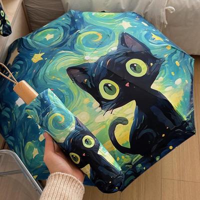Van Gogh Green Cartoon Cat Folding Umbrella for Students - Dual-Use UV Sun Protection, Portable.