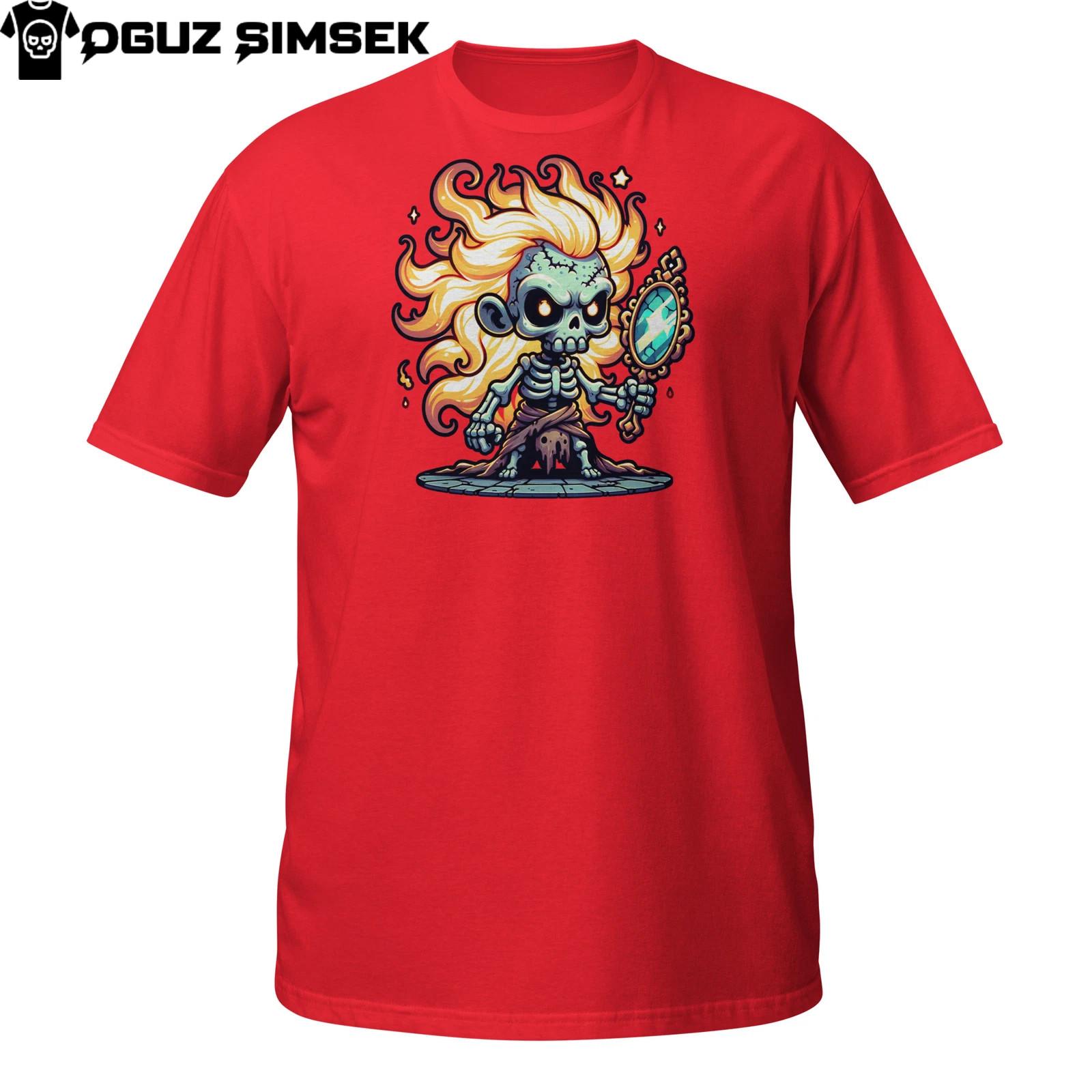 Ghost Flame Skeleton T-Shirt Mens Womens Tees Top | Haunted Girl with Mirror | Chibi Undead Tee L