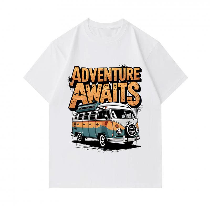 Men's 100% Cotton Short Sleeve Crew Neck T-Shirt, Retro Adventure Awaits Vintage Camper Van Graphic Print Casual Comfortable Tee for Daily Outdoor Tra