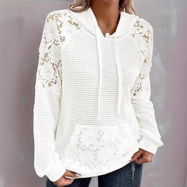 Women's Long Sleeve Lace Patchwork Waffle Knit Hoodie Casual Drawstring Sweatshirt