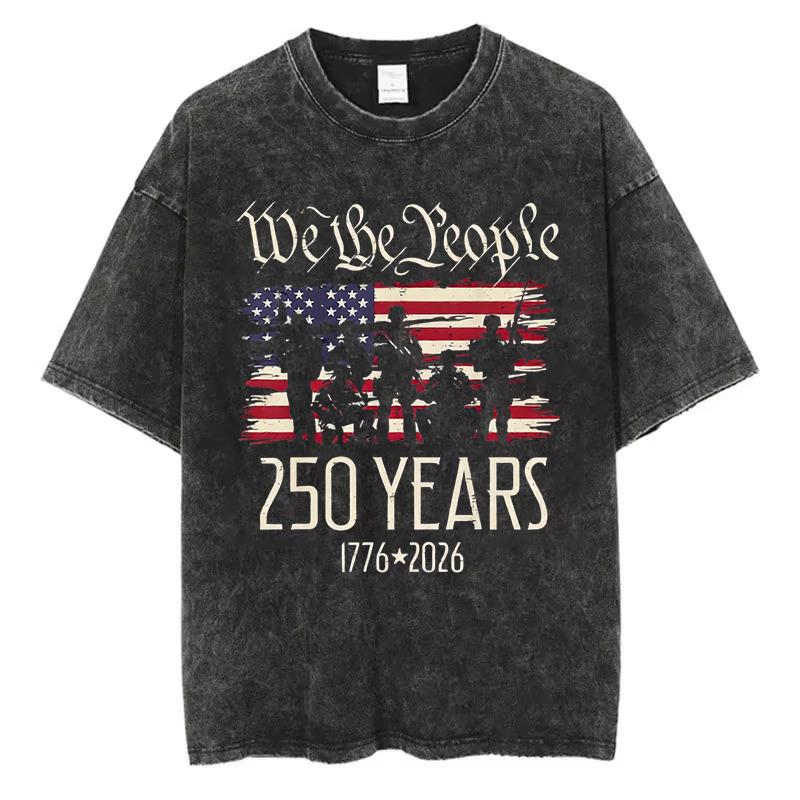 American Flag TShirt 250th Anniversary We The People Washed Cotton Graphic Tee Men Retro Distressed USA Streetwear Loose Top S