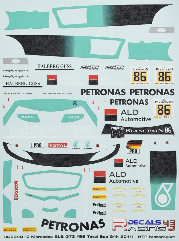 PLATZ RDE24010 Mercedes SLS GT3 HTP Motorsports Car 2014 Spa 24 Hours Decal Set 1/24 No.86