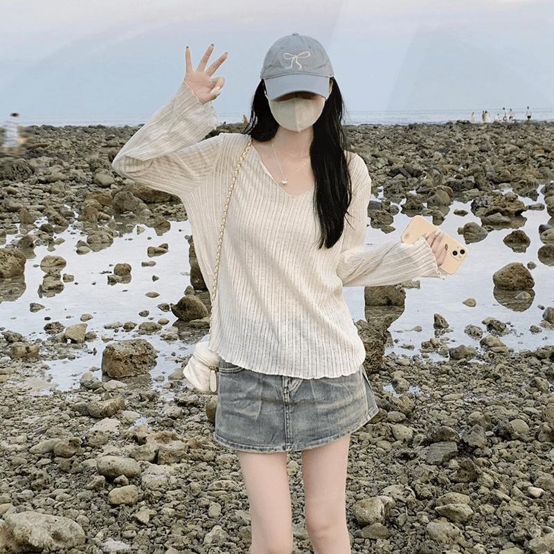 Solid Color V-neck Pit Stripe Base Knitted Sweater for Women In Summer Loose and Slim Fit Thin Cover Shirt with Lazy Top for Women