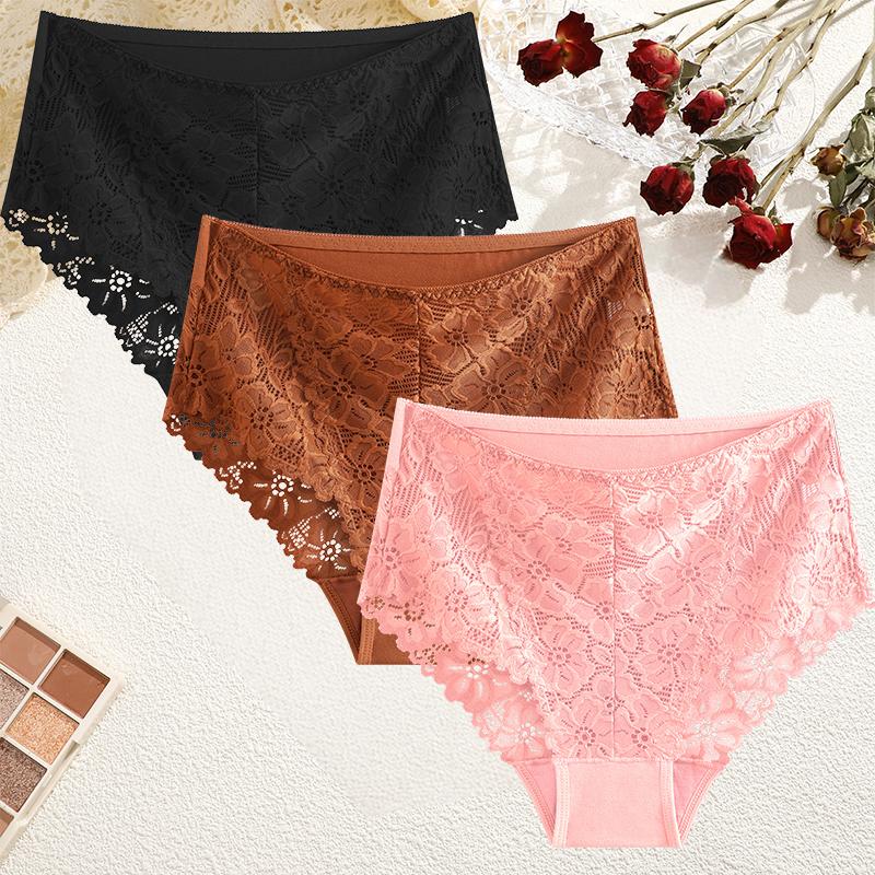 FINETOO 3 Pezzi Mutandine da Donna a Vita Media in Pizzo Sexy Colore Unito Rifiniture in Pizzo Biancheria Intima Femminile Lusso Svuotate Slip Comodi Traspiranti Lingerie