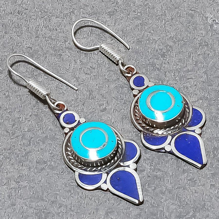 Turquoise Lapis lazuli Gemstone Earrings Tibetan Tribal Gift Jewelry 2.6" NE 227