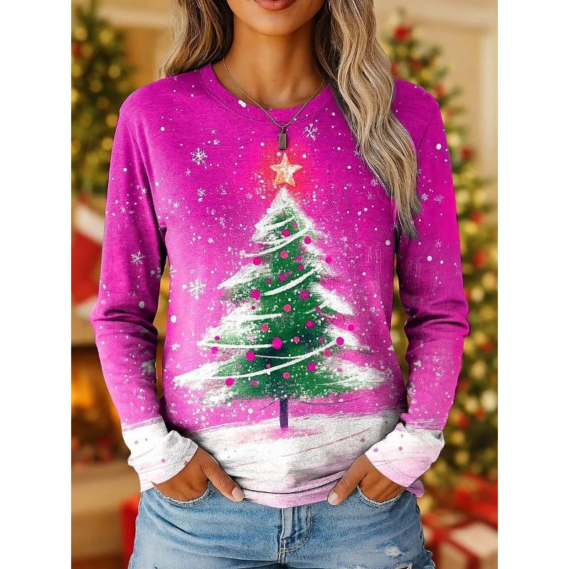 Women's Vintage Christmas Tree Print Long Sleeve T-shirts Holiday Gift Crew Neck Festive Party Top