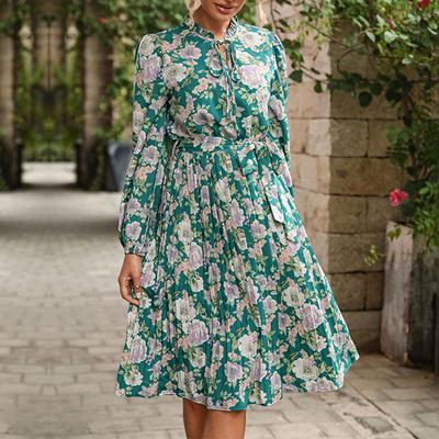 Temperament and Elegance Outer Wear Women's Pleated Round Neck Printed Long Sleeve Vintage Dresses