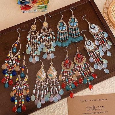 Ethnic Style Crystal Long Fringed Earrings Personalized Photo Show Face Thin Exaggerated Earrings Bohemian Travel Jewelry