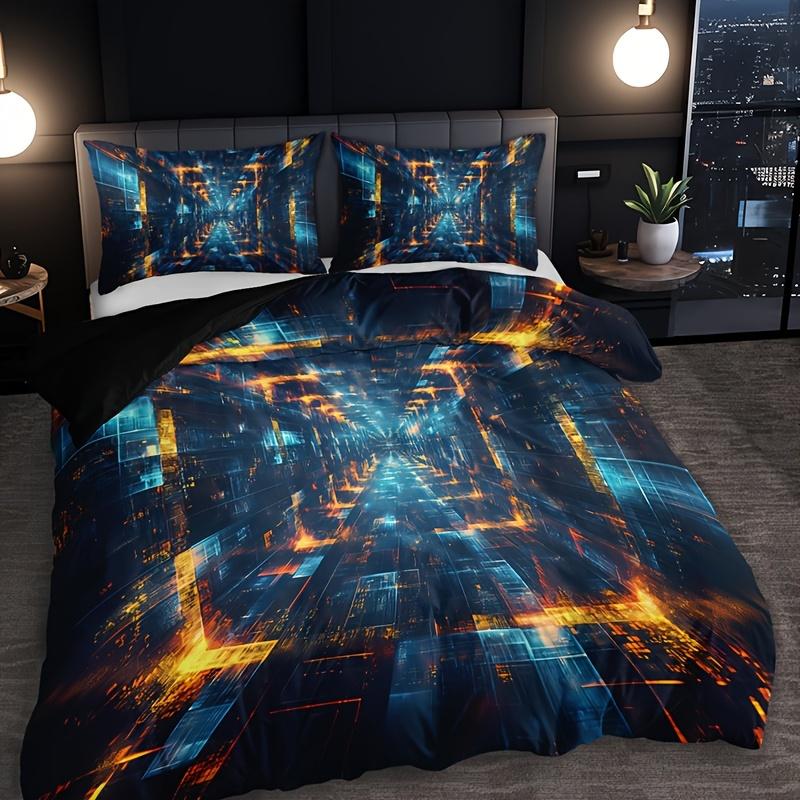 Tech Space Plaid Duvet Cover Set Breathable Polyester Machine Washable Perfect for All Seasons High-definition Print Bedding Set