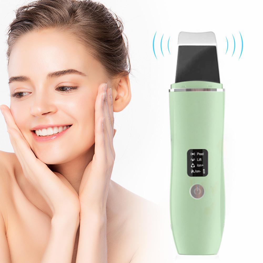 

Ultrasonic Skin Scrubber Blackhead Remover Facial Cleanser 4 Modes Peeling Shovel Face Lifting Tool EMS Spatula Deep Cleansing зелений