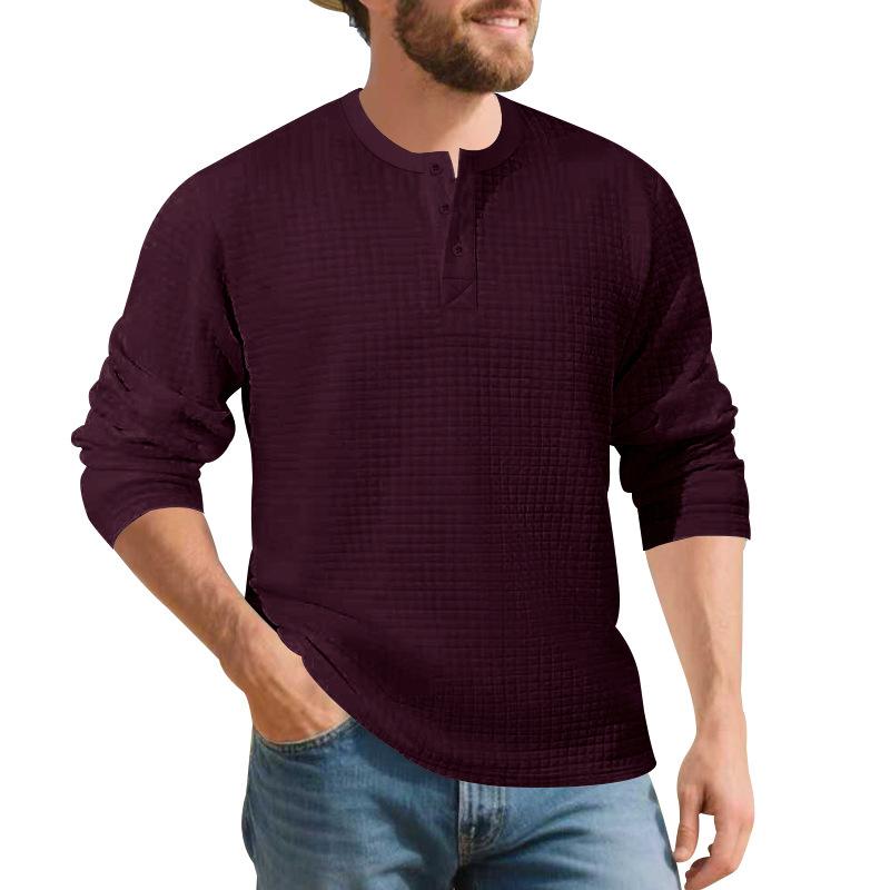 Mens Vintage Buttoned Henley Long Sleeve T Shirt Loose Fit Jacquard Autumn Winter