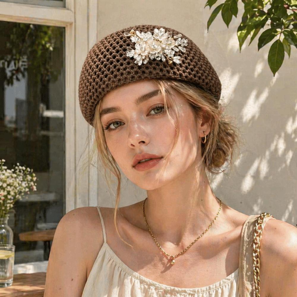 French Floral Painter hat Korean Women Knit Fabric Cap Chic Hollow Out Beret Summer