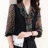 Autumn Winter Fashionable Elegant Shirt Women Flowing Collar Loose Long Sleeve Patchwork Casual Office Lady