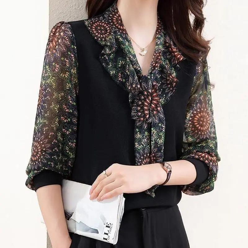 Autumn Winter Fashionable Elegant Shirt Women Flowing Collar Loose Long Sleeve Patchwork Casual Office Lady