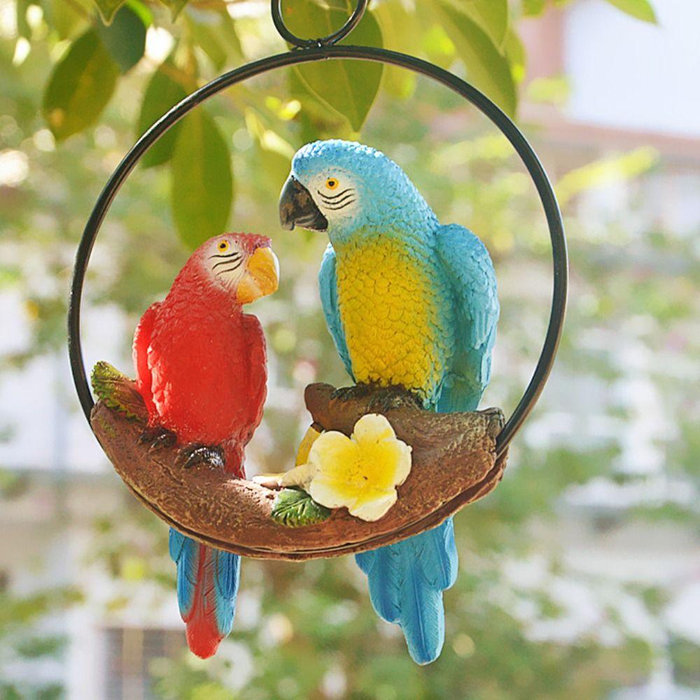 Iron Circle Double Parrot Pendant Cute Animal Sculpture Figurine Crafts Bird Statue  Lawn