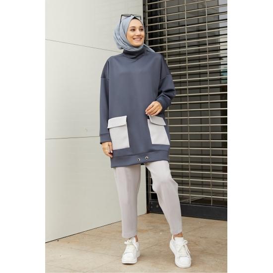 Costume islamice pentru femei, cu buzunar supradimensionat, cu talie elastică, hijab, costum casual și confort