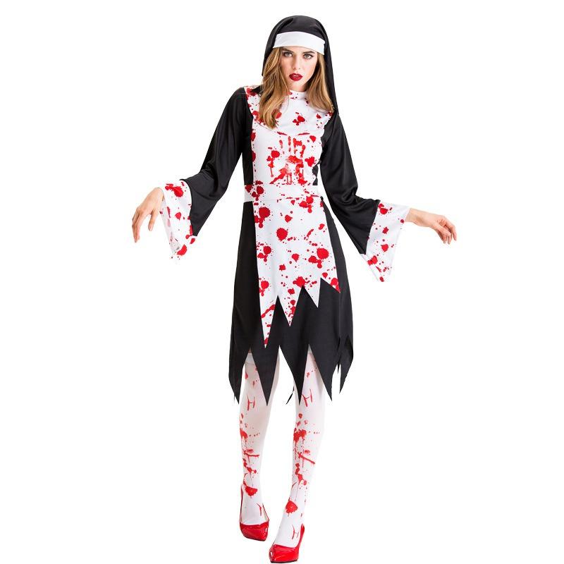 Halloween Black Vampire Zombie Costume, Nun Priest Zombie Character Uniform Stage Costume