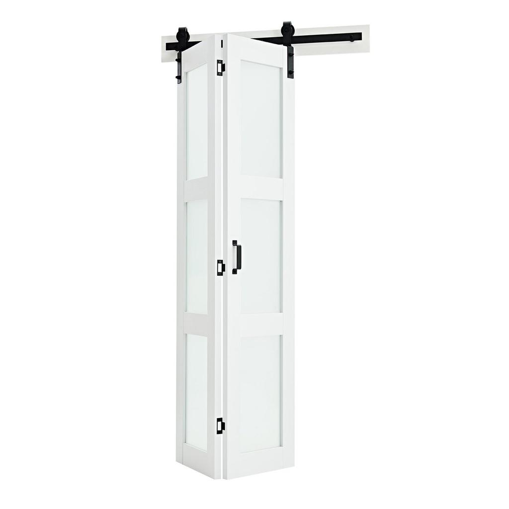 Puerta de Granero Plegable Doble, 914 x 2134 mm, MDF con Vidrio Templado Puertas Correderas Plegables Dobles para Armario, Kit de Herrajes Incluido, Diseño Ahorrador de Espacio, Pre-ensamblado