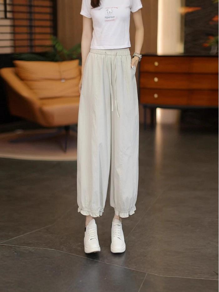 Plus Size Women's Ruffle Lace Ice Silk Lantern Pants - Korean Style, Breathable, Versatile Casual Nine-Point Pants for Spring/Summer