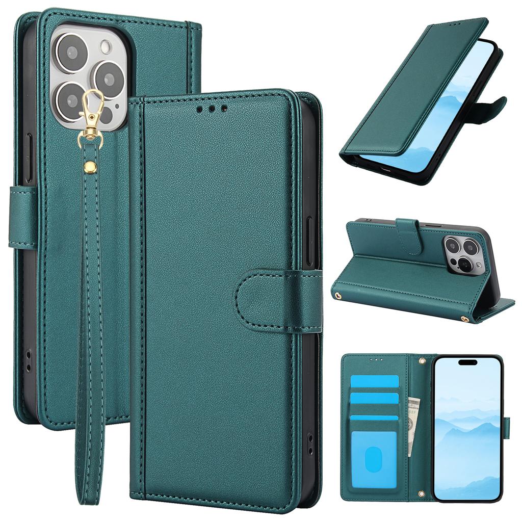 SY-003 For iPhone 15 Pro Max Case PU Leather Stand View Phone Wallet Cover with Hand Strap