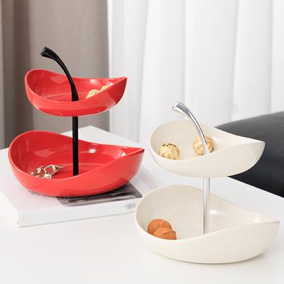 Prato de Frutas de Camada Dupla Tigela de Frutas Cerâmica Multicamadas com Suporte de Metal Lavável na Máquina de Lavar Louça Organizador de Bancada de Cozinha para Frutas Lanches Bolos