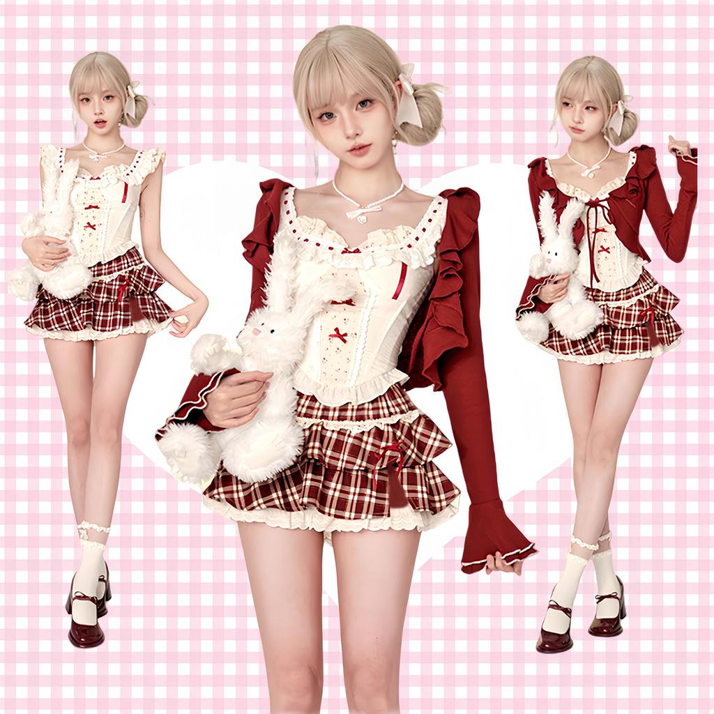 Cosplay Red Tank Checkered Flare Skirt Sweet Girly Cute Fashion Harajuku Style Korean Style Spring Summer Autumn Halloween Christmas [Ligwon]