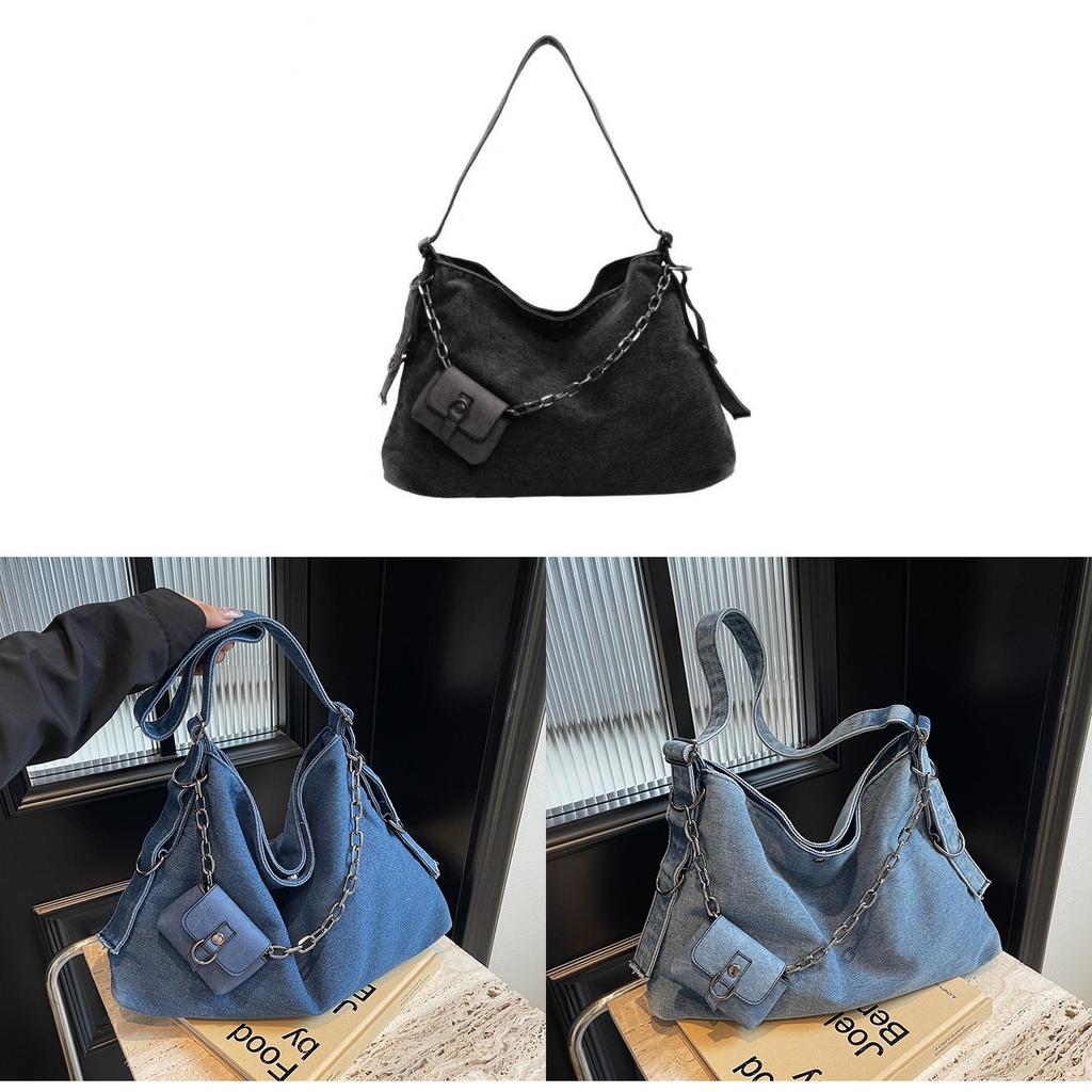 Retro Denim Casual Tote For Women With Large Capacity And Streetwear Design