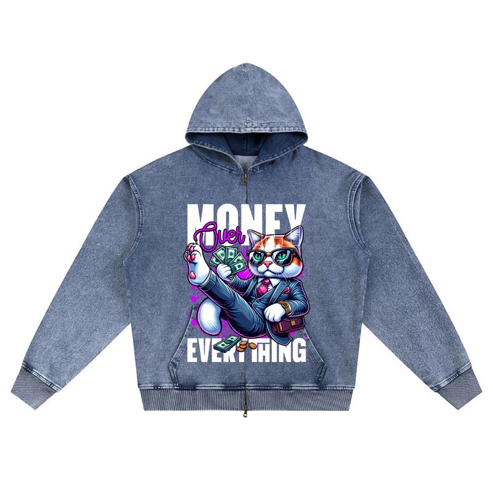 DTG Print Knitted Denim Zip-Up Hoodie Money Over Everything Brother Print Zipper Hoodies  