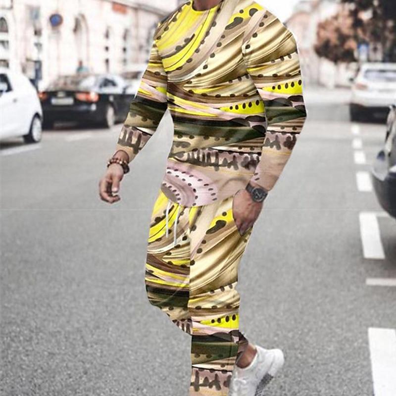 Men's 3D Abstract Geometric Print T-shirt 2-Piece Outdoor Long Sleeve Sports T Shirt Pants Set Streetwear Men's Clothing Outfits