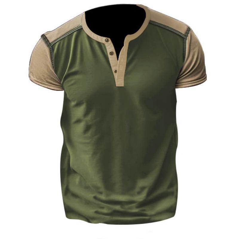 Men Casual Loose Color Block Short Sleeve Henley T Shirt