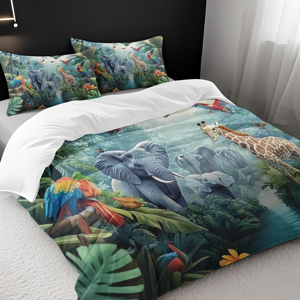 Jungle Dier Papegaai Olifant Giraffe Patroon Donzen Dekbedovertrek Set - Modieus Klassiek Populair Digitaal Gedrukt Beddengoed Set