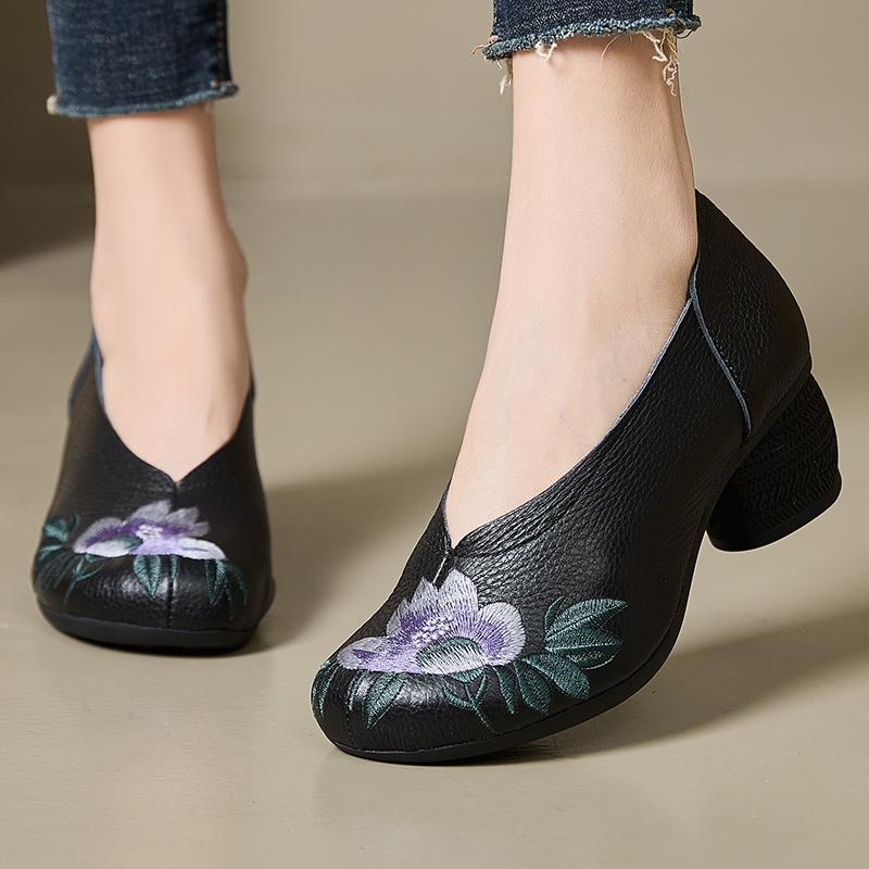 Fashion GKTINOO 2025 Spring Embroidery Genuine Cow Leather Shoes Women Shoes Fashion Mom Shoes Woman Ethnic Handmade Shoes High Heels