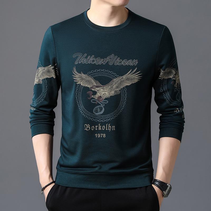 Męska jesień Nowa męska koszulka T-shirt Modna swobodna okrągły dekolt Nadruk Długie rękawy Młodzieżowa moda Uniwersalna koszulka męska