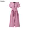 ZANZEA Rochie Casual de Vară cu Mânecă Scurtă și Gât în V pentru Femei, Culoare Solidă